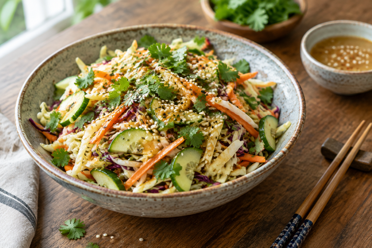 Fresh light Asian salad with shredded cabbage, carrots, cucumbers, and sesame seeds in a bowl