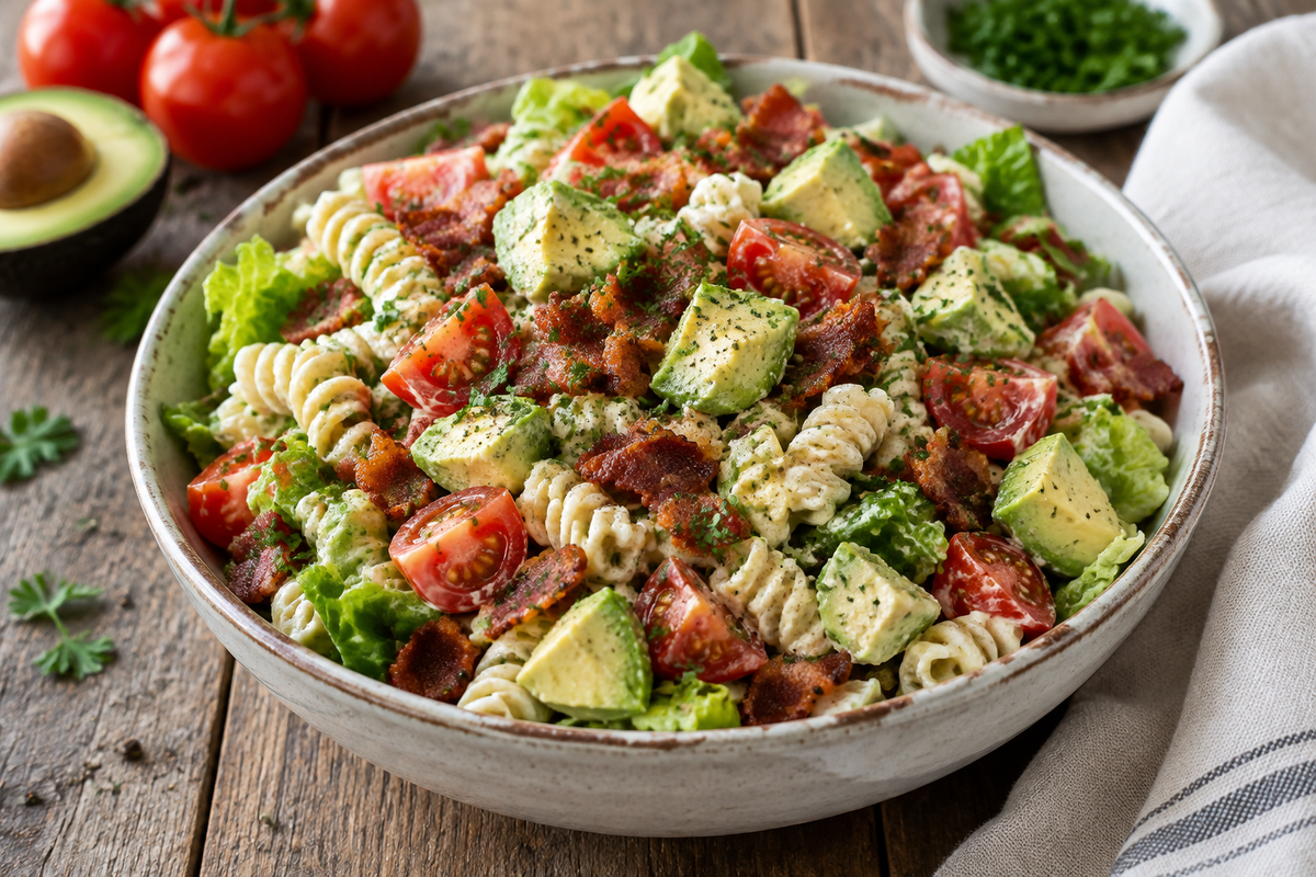 Loaded BLT pasta salad with creamy avocado, crispy bacon, and fresh veggies in a bowl with herbs