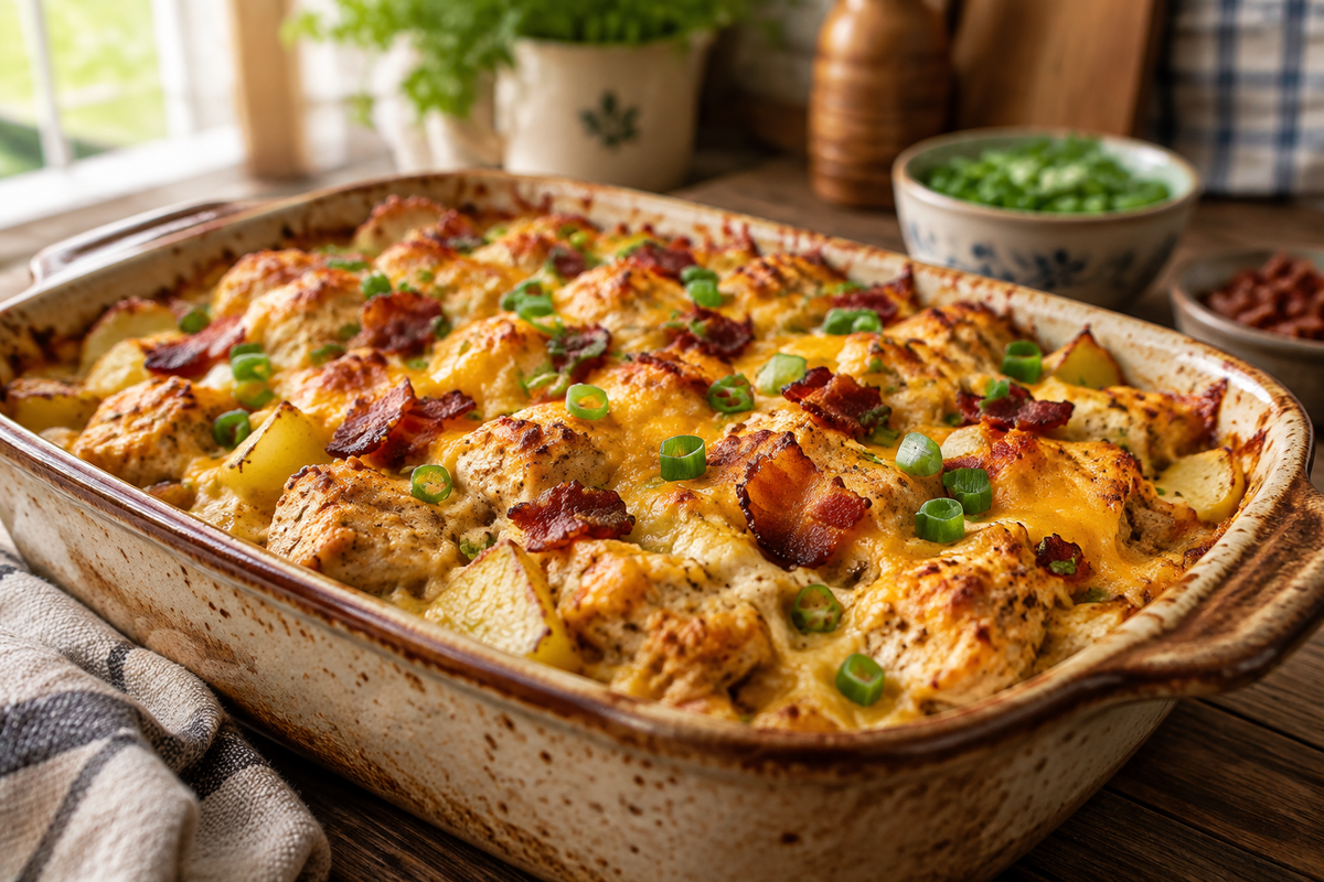 Loaded chicken casserole with potatoes, cheese, and bacon garnished with green onions