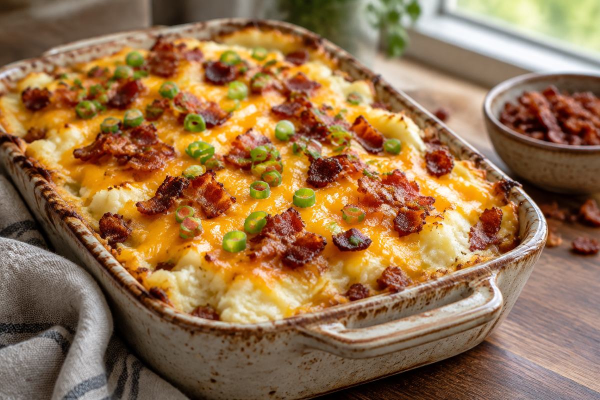 Loaded mashed potato casserole topped with melted cheddar, bacon, and green onions