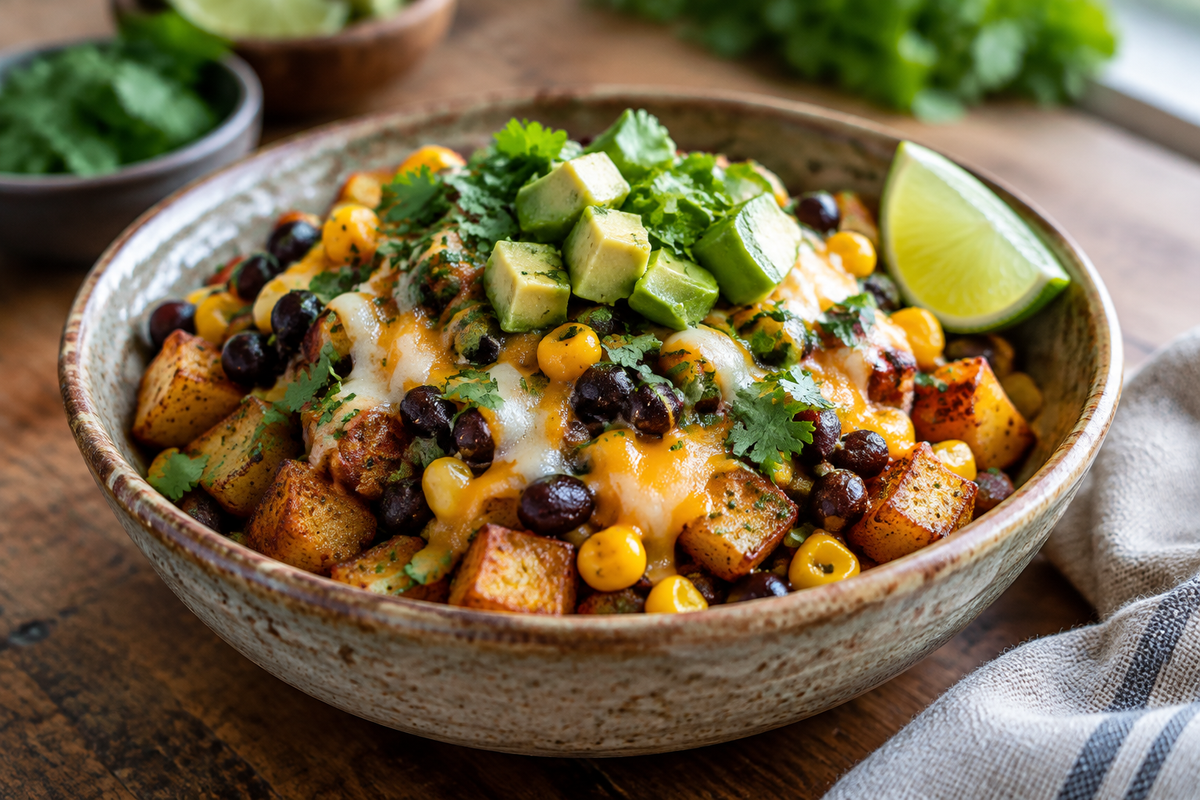 Loaded potato taco bowl with seasoned potatoes, black beans, corn, cheese, and fresh cilantro
