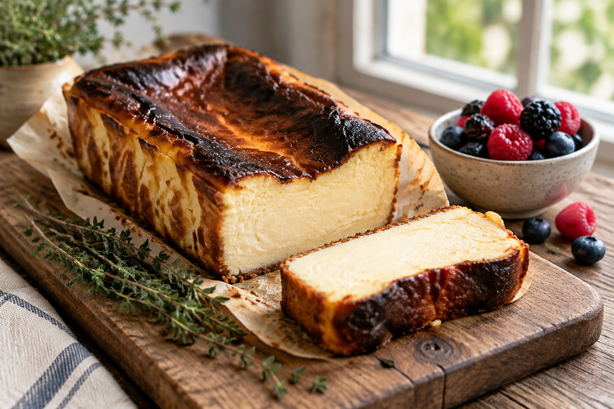 Loaf pan basque cheesecake with burnt caramelized top and creamy interior, perfect basque cheesecake dessert