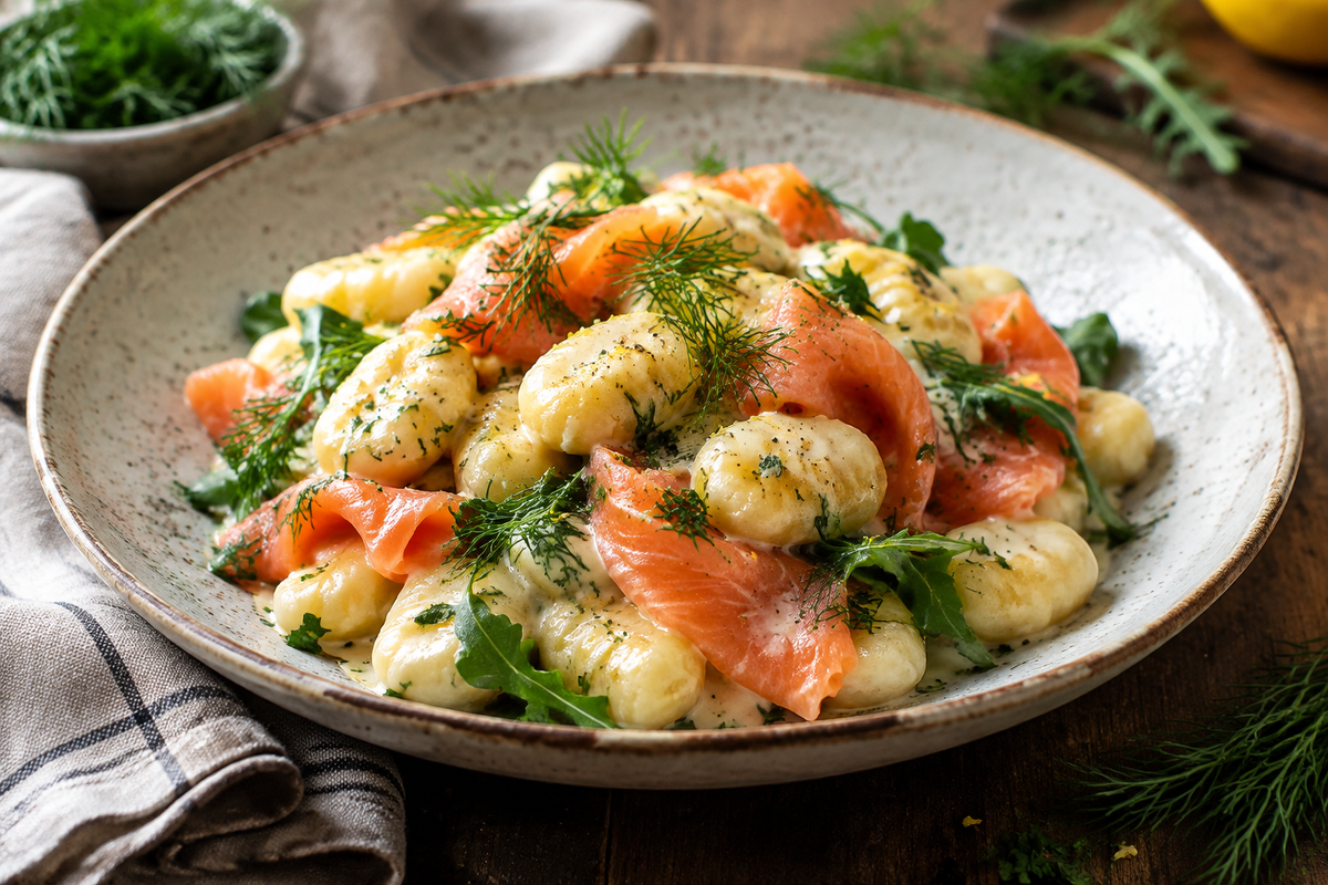 Luscious healthy gnocchi with savory smoked salmon and fresh herbs on a rustic plate