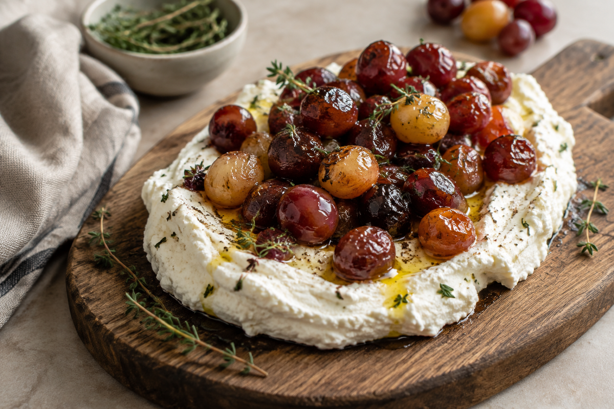 Whipped ricotta appetizer topped with caramelized grapes and fresh thyme garnish