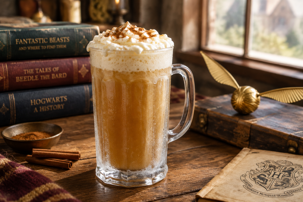 Glass of frothy Butterbeer, a popular Harry Potter food, with cinnamon garnish