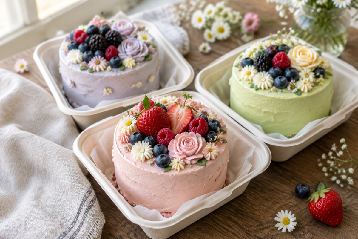 Three adorable bento cakes decorated with fresh berries and buttercream flowers, showcasing charming bento cakes