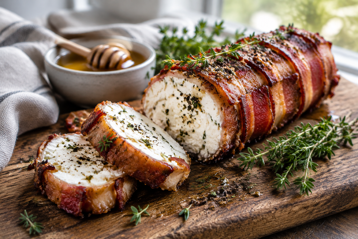Sliced bacon goat cheese appetizer log garnished with herbs on wooden board