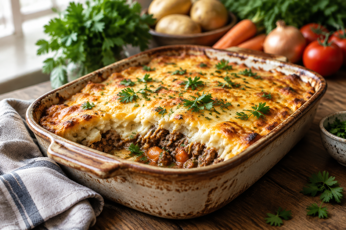 Hearty country gentlemen casserole topped with melted cheese and fresh parsley garnish