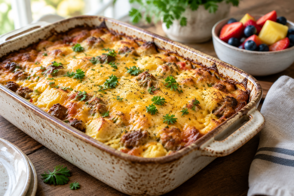 Golden breakfast casserole with melted cheese and parsley garnish, perfect breakfast casserole