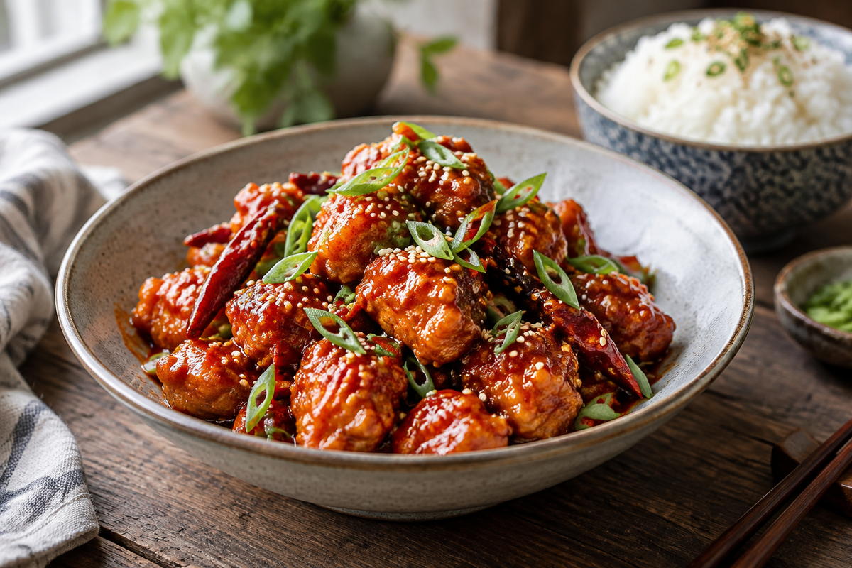 Spicy dragon chicken dish with glossy red sauce garnished with green onions and sesame seeds