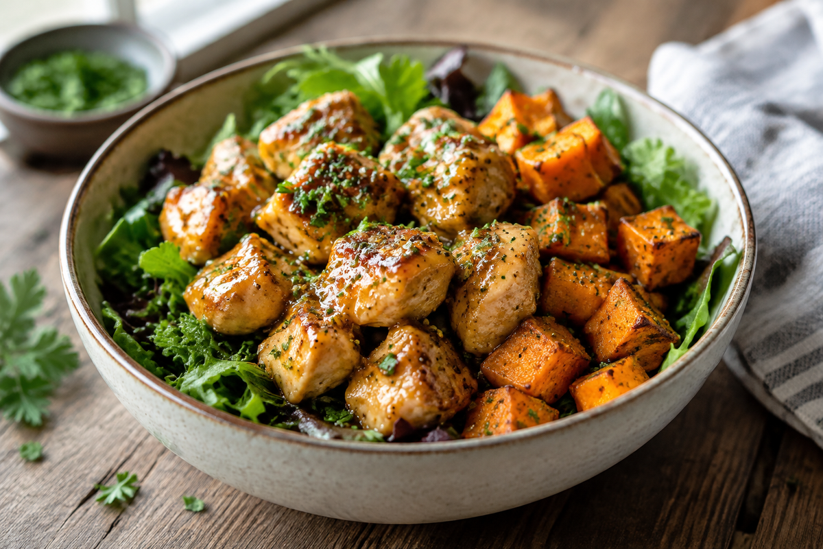 Maple dijon chicken served with roasted sweet potatoes and greens in a bowl, showcasing a vibrant and flavorful meal