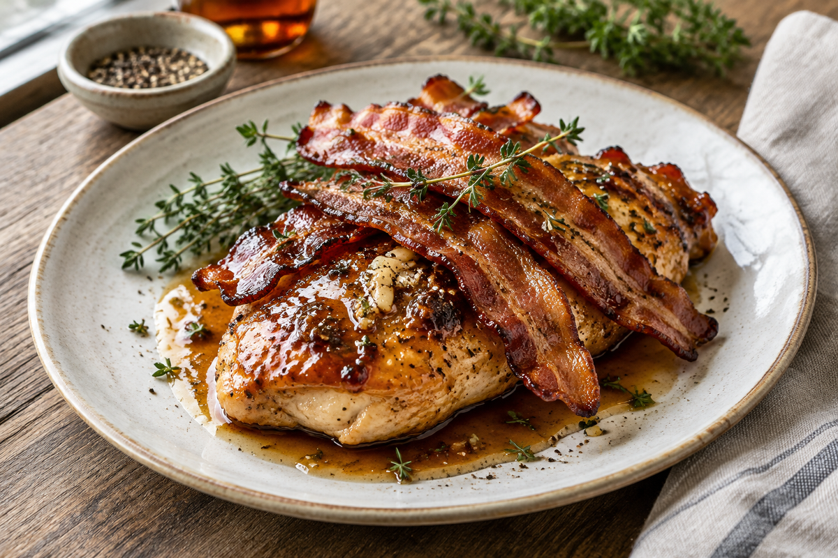 Maple garlic bacon chicken plated with crispy bacon and maple glaze, showcasing sweet savory flavors