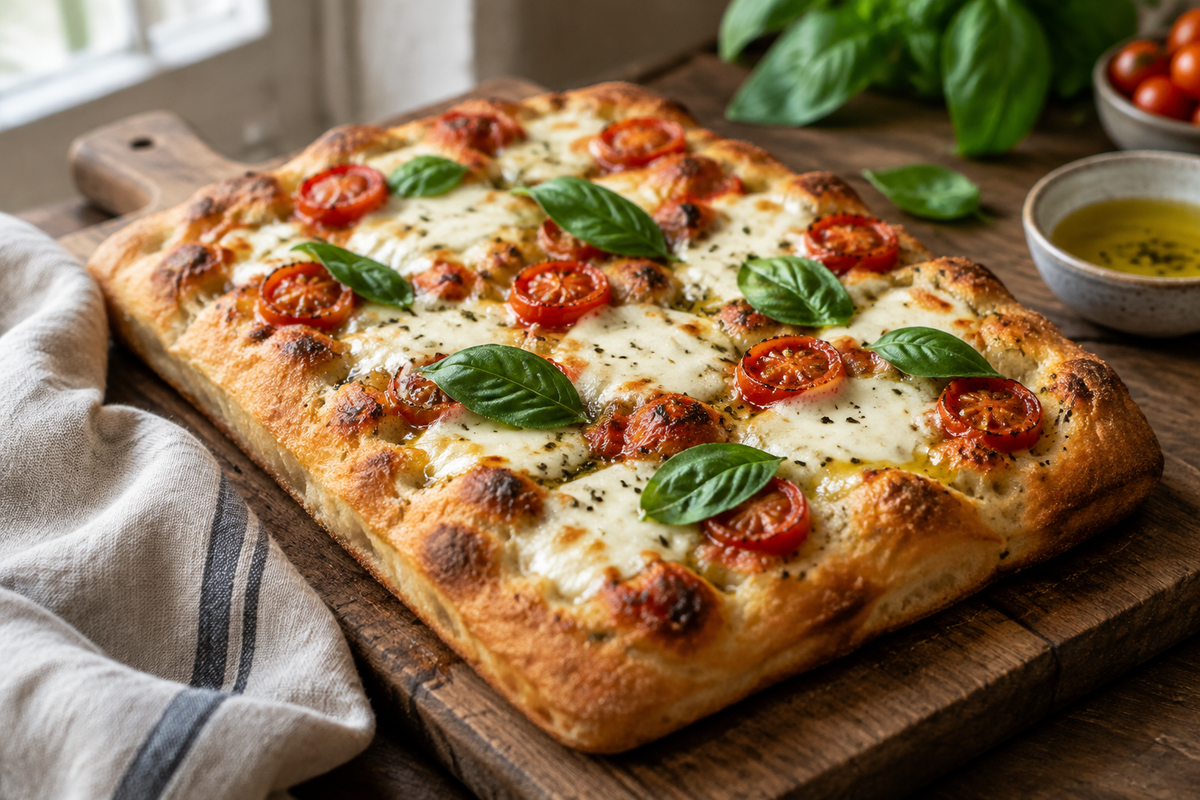 Freshly baked margherita focaccia bread topped with basil, mozzarella, and cherry tomatoes