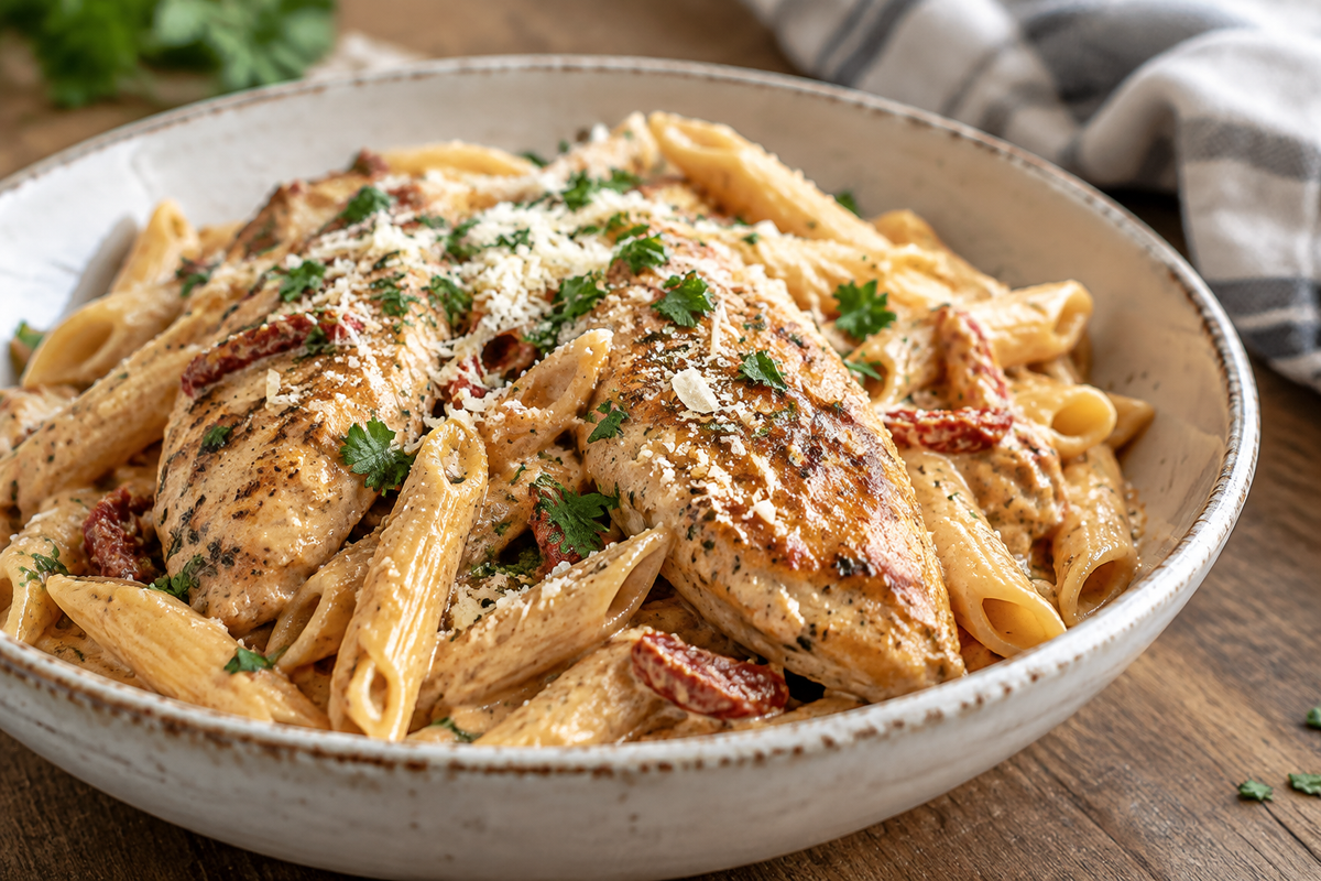 Creamy Marry Me Chicken Pasta garnished with parsley and parmesan, showcasing the creamy sauce and tender chicken