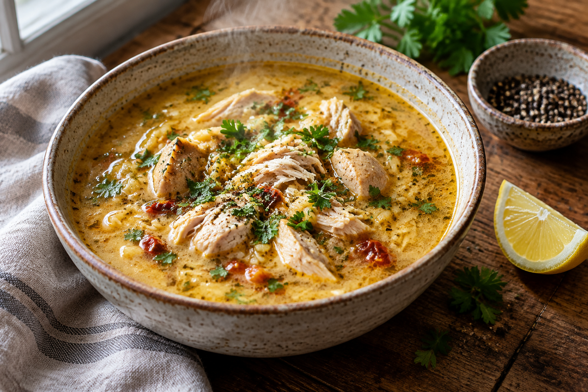 A bowl of marry me chicken soup with tender chicken, fresh herbs, and golden broth in natural light