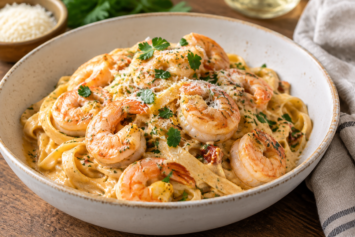 Creamy Marry Me Shrimp Pasta garnished with parsley and Parmesan cheese