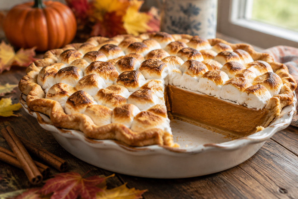 Marshmallow pumpkin pie with toasted topping and creamy filling on rustic wooden surface
