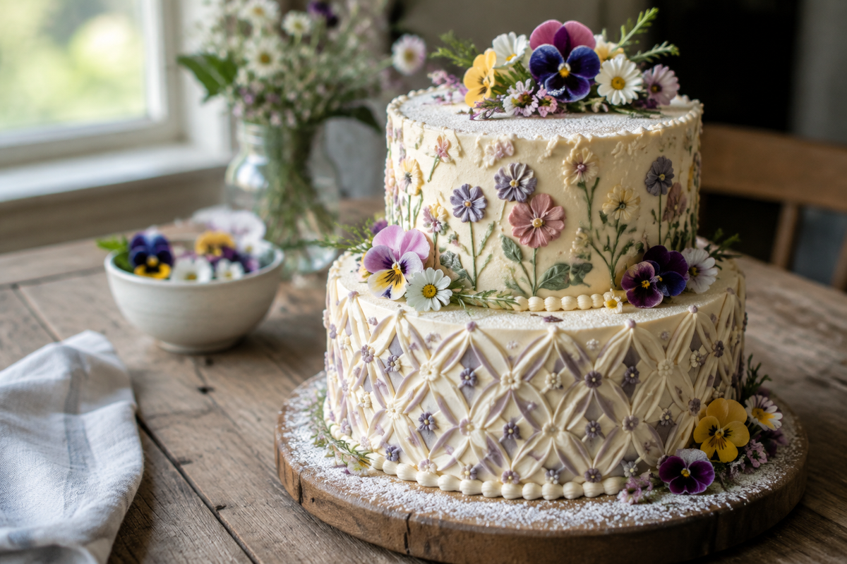 A layered cake showcasing intricate cake design with floral and geometric patterns, garnished with edible flowers