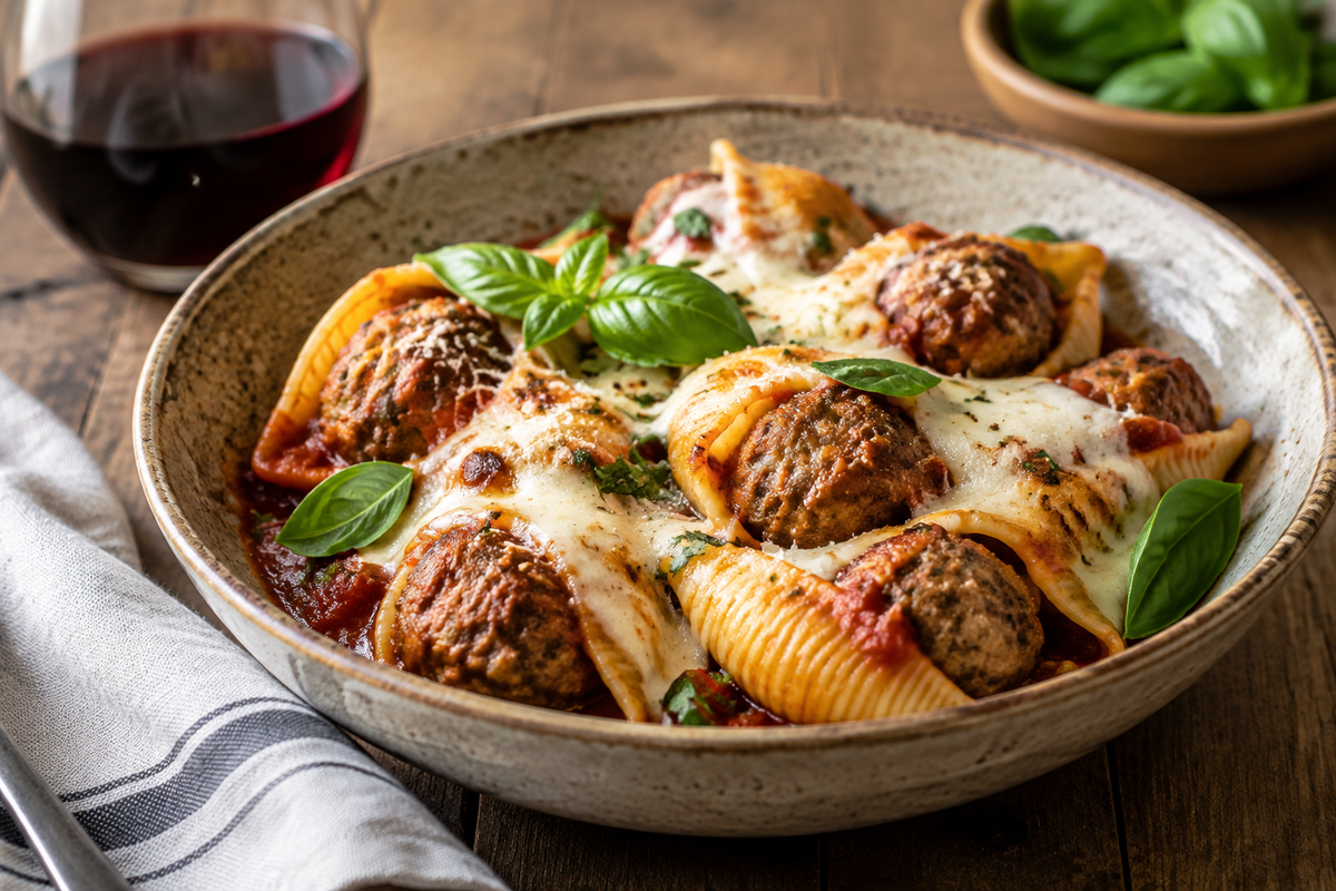 Meatball stuffed shell pasta plated with melted cheese and fresh basil garnish in a rustic bowl