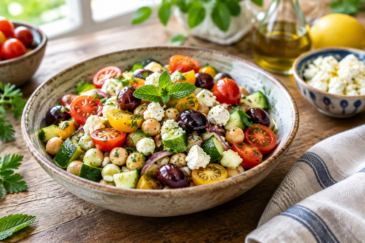 Mediterranean chickpea salad with fresh vegetables and herbs in a rustic bowl
