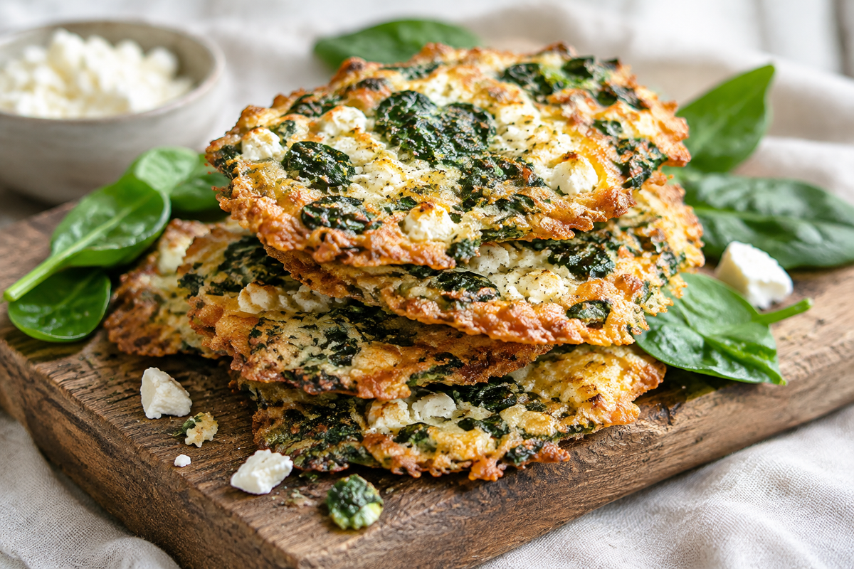 Mediterranean spinach and feta cheese crisps stacked on a wooden board with garnish, spinach feta crisps