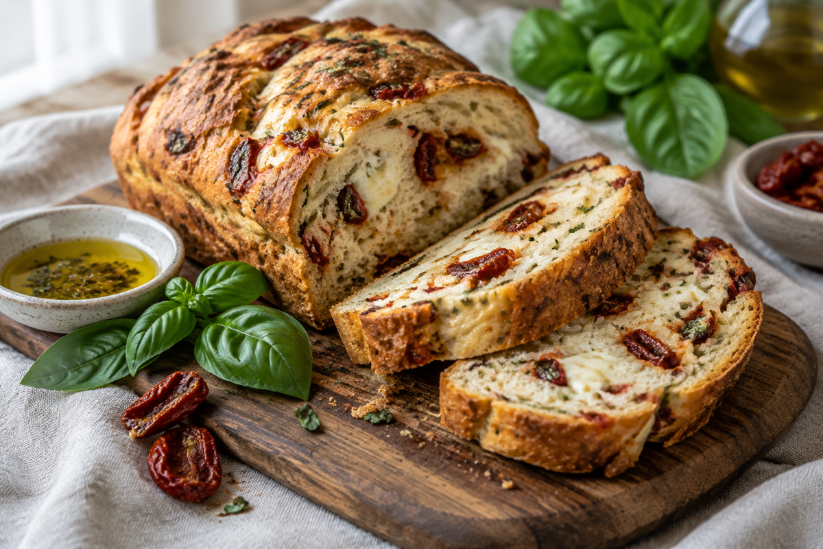 Close-up of tomato basil bread with mozzarella and sun-dried tomatoes showing melted cheese and fresh basil garnish