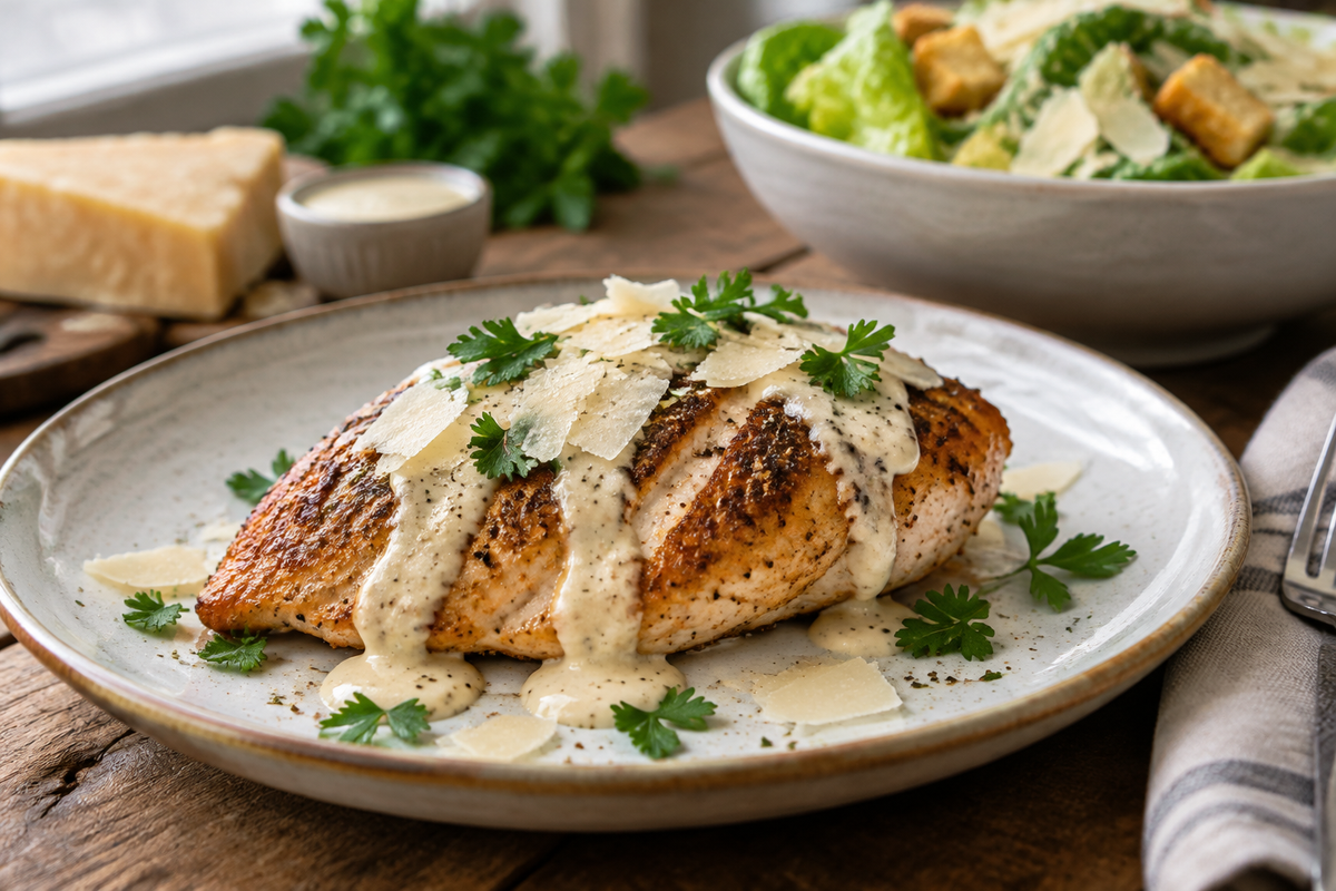 Melt in your mouth Caesar chicken with creamy sauce and fresh garnish on rustic plate