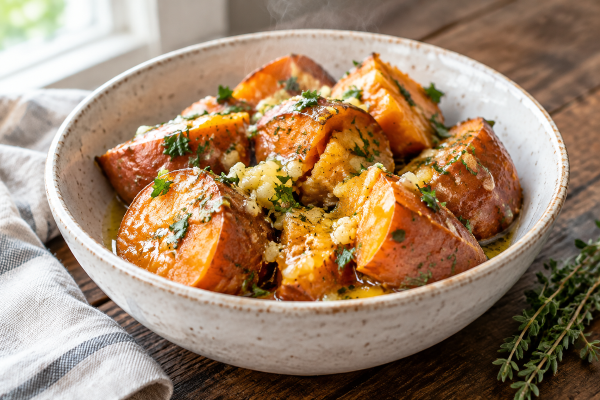 Melting sweet potatoes coated in garlic butter and herbs in a rustic bowl