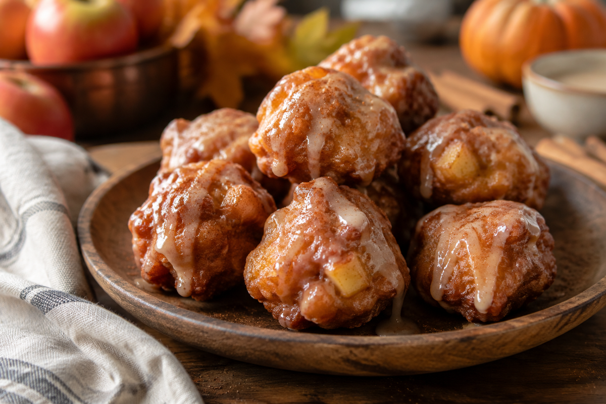 Mini apple fritter bites with cinnamon glaze on rustic plate, perfect sweet snack