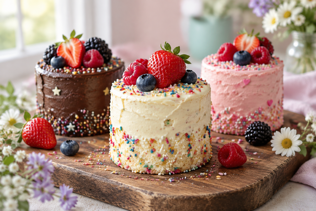 Deliciously cute mini cakes with frosting and sprinkles, showcasing easy mini cakes desserts
