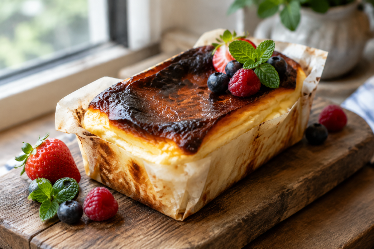 Mini loaf pan basque cheesecake with burnt top and fresh berries, a perfect basque cheesecake dessert