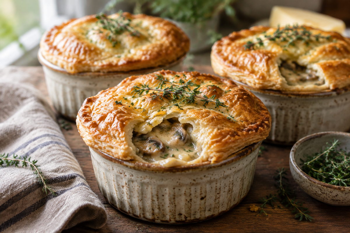 Mini mushroom pot pies with Gruyère and thyme in rustic ramekins with golden crusts