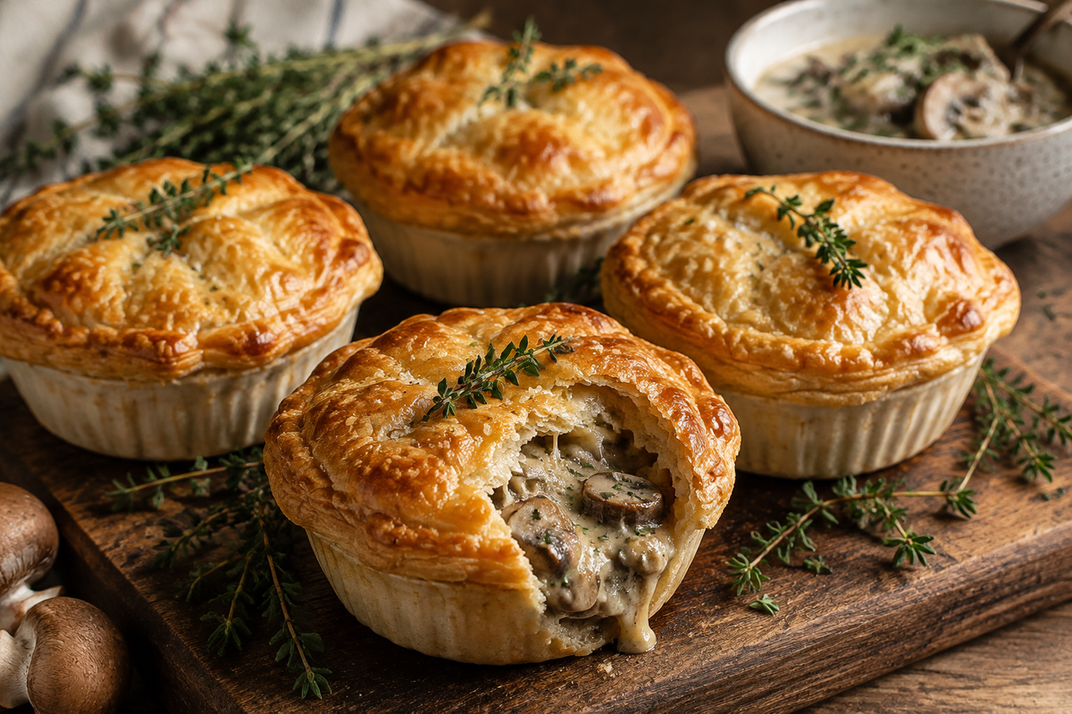 Mini mushroom pot pies with Gruyère and thyme garnished on a wooden board