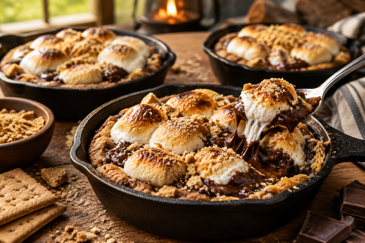 Mini smore cookie skillets with melted marshmallows and chocolate in small cast iron pans