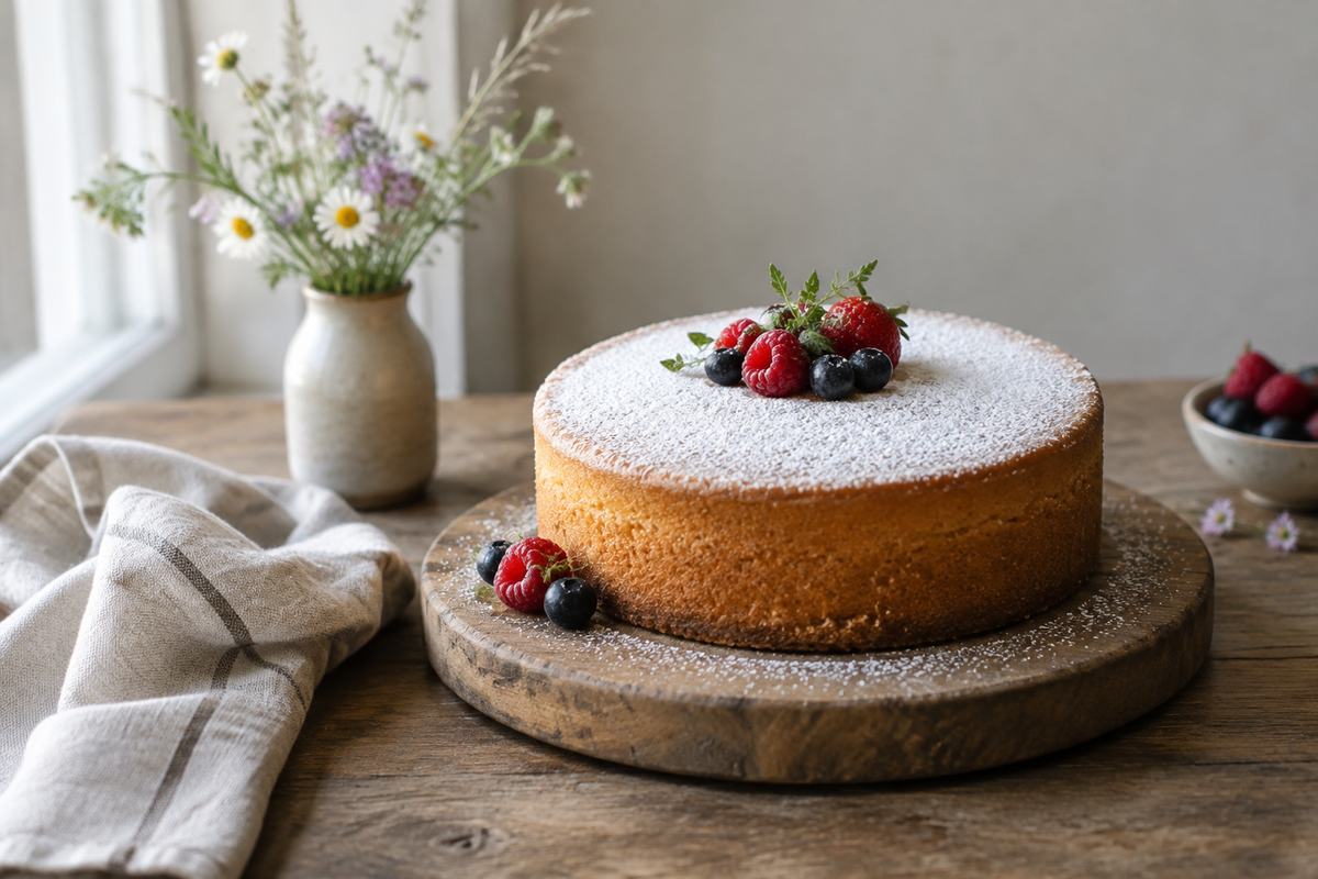 Minimalistic cake idea on rustic wooden board with powdered sugar and berries in soft natural light