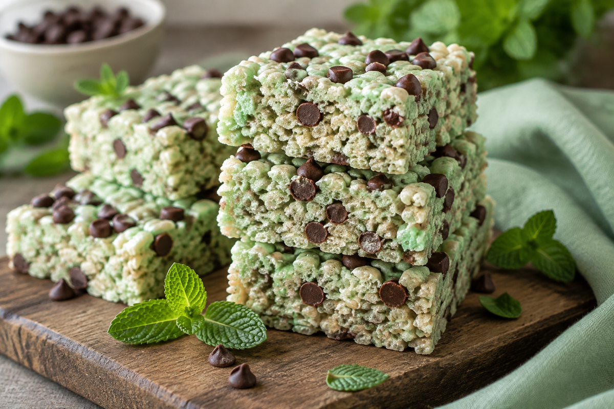 No-bake mint chocolate chip rice krispie treats stacked with fresh mint garnish