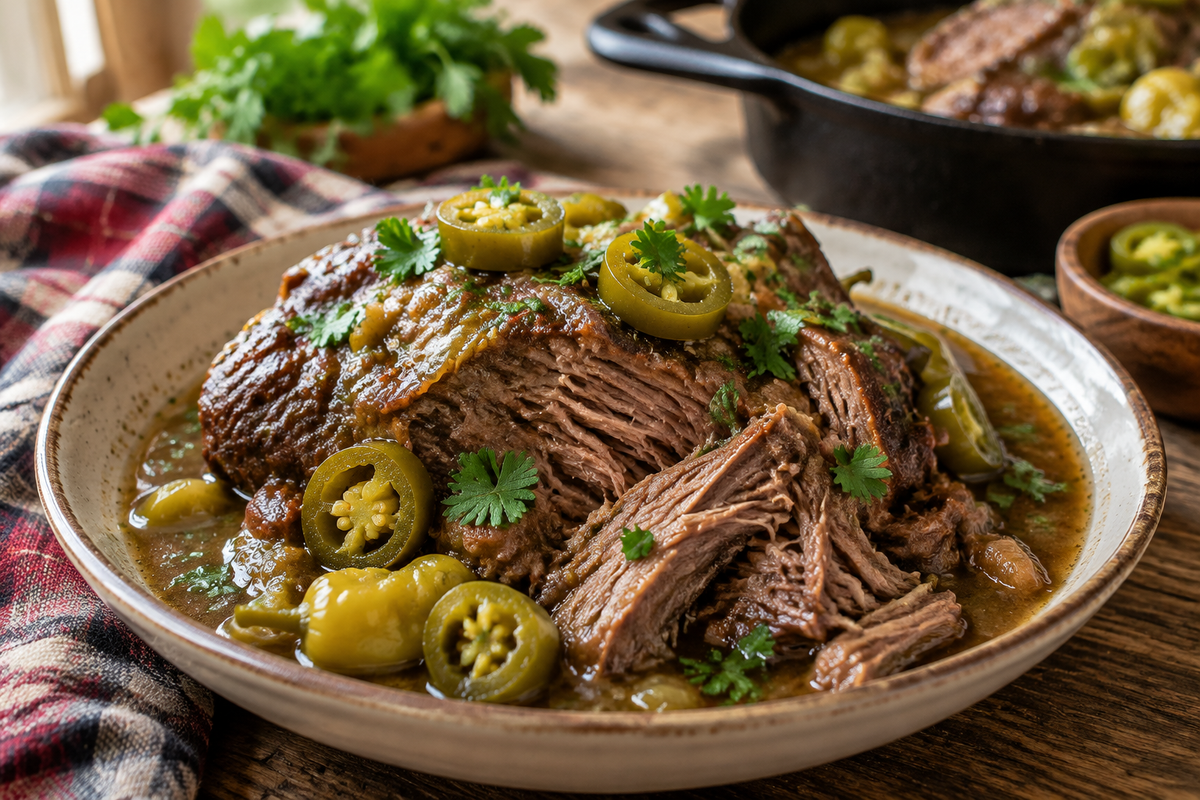 Tender Mississippi style chuck roast slow cooker dish with rich gravy and fresh garnish