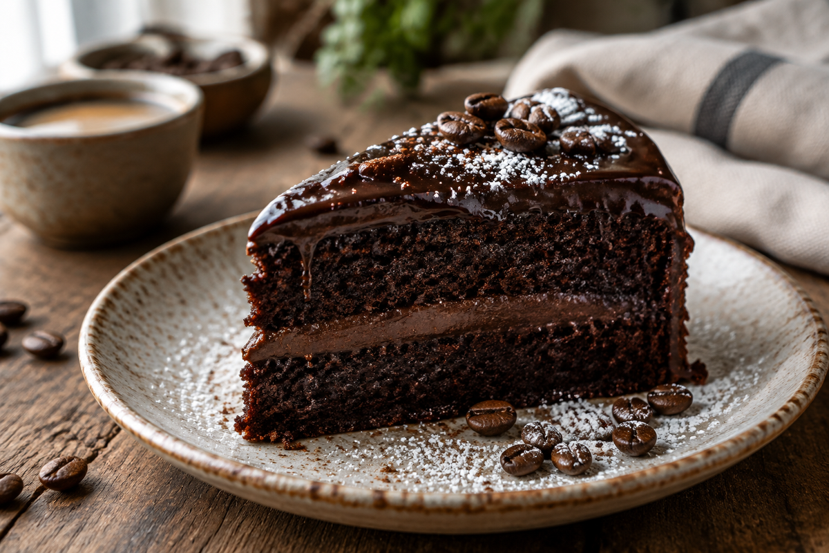 Moist chocolate espresso cake slice with espresso glaze and coffee bean garnish