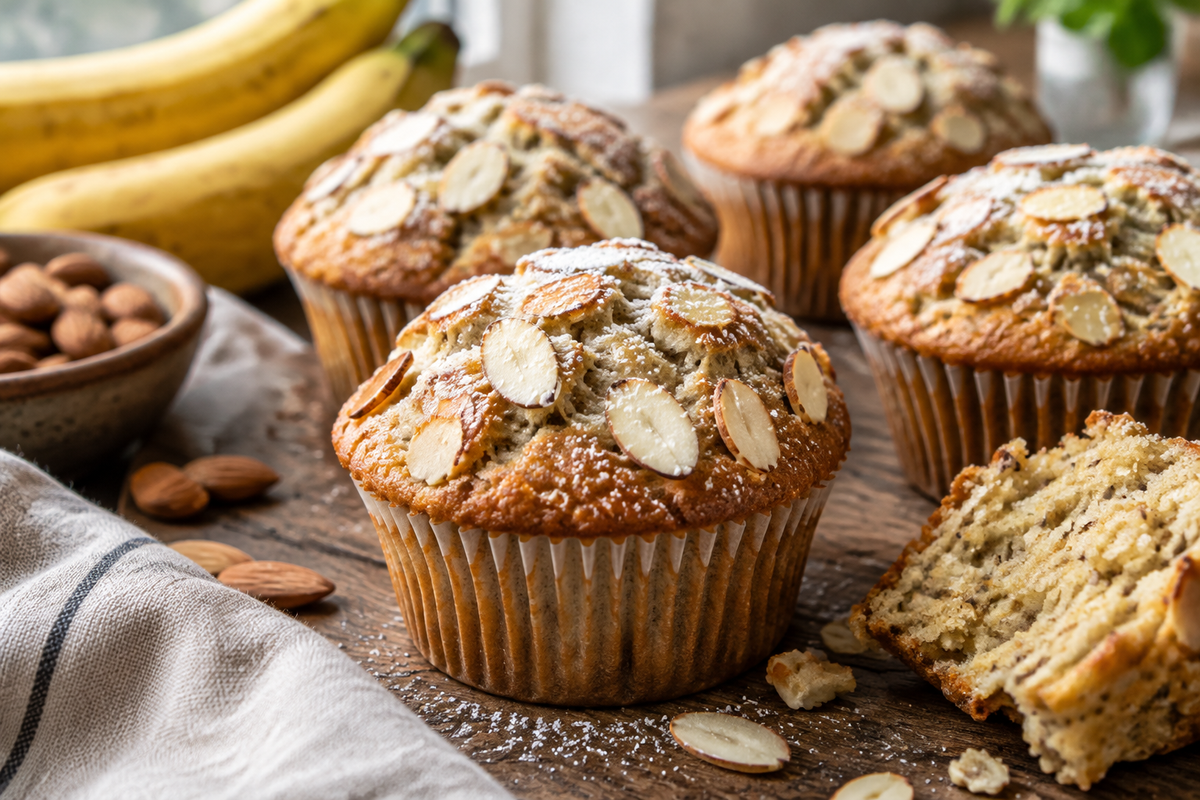 Freshly baked banana almond muffins with almond slices on top, showcasing moist texture and golden color