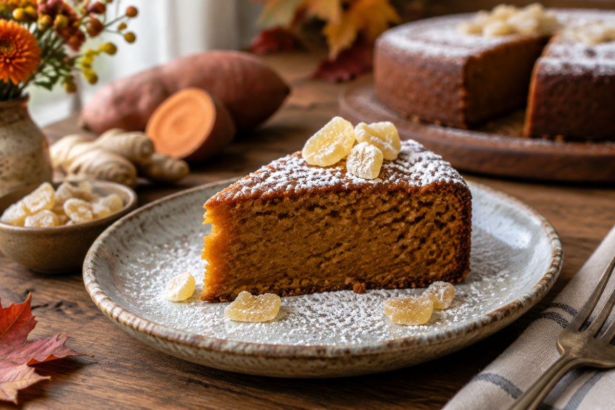 slice of moist flourless sweet potato cake with ginger garnish on rustic plate