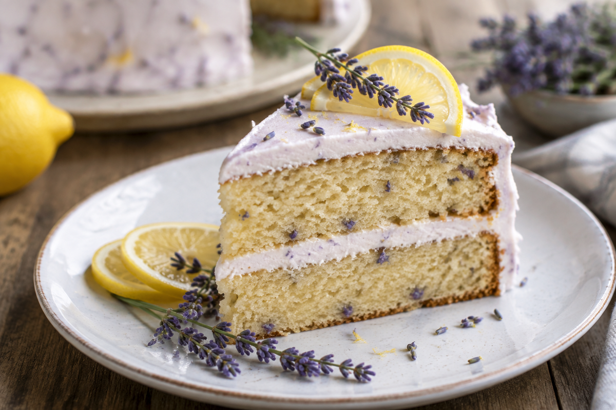 Moist lemon lavender cake slice with fresh lavender garnish and lemon slices, highlighting lemon lavender cake