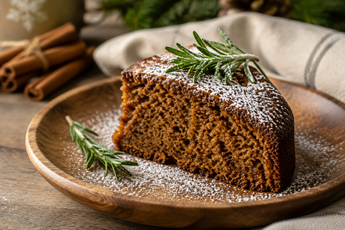 Moist gingerbread cake slice with powdered sugar and rosemary garnish on rustic plate