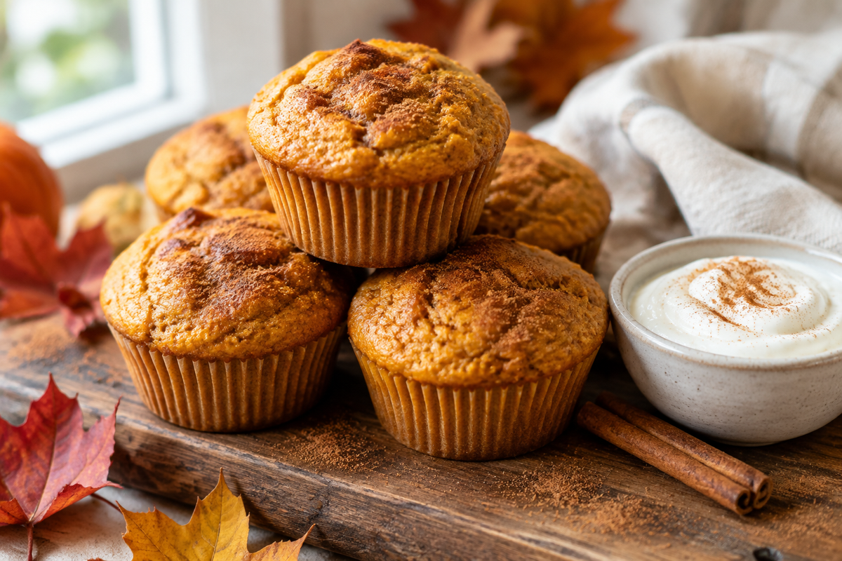 Moist Greek yogurt pumpkin muffins stacked on rustic board with cinnamon garnish