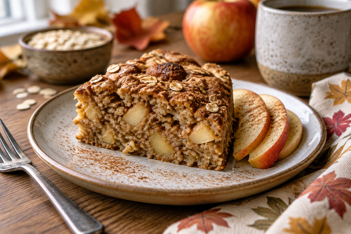 Moist oatmeal apple cake slice garnished with cinnamon and apple slices