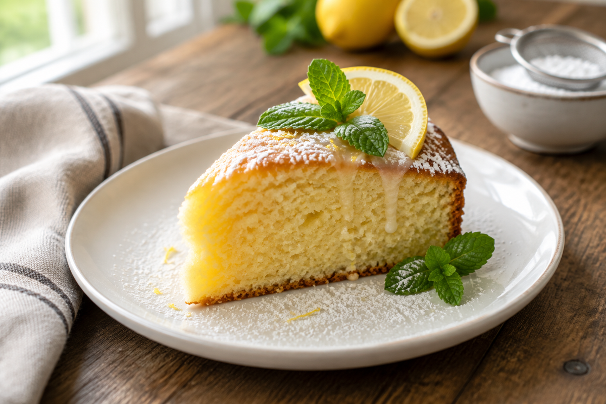 A slice of moist lemon cake garnished with lemon slice and mint leaves, fresh lemon cake