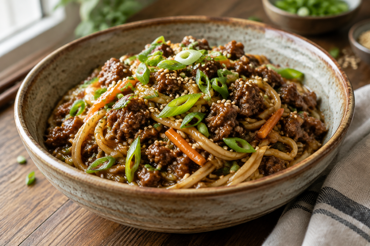Mongolian ground beef noodle delight garnished with green onions and sesame seeds in a rustic bowl