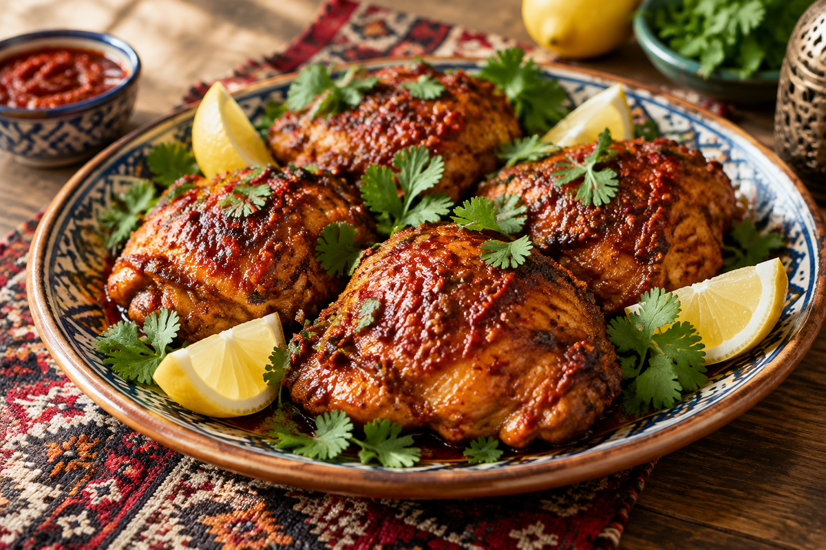 Moroccan harissa chicken dish with roasted thighs garnished with fresh cilantro and lemon wedges