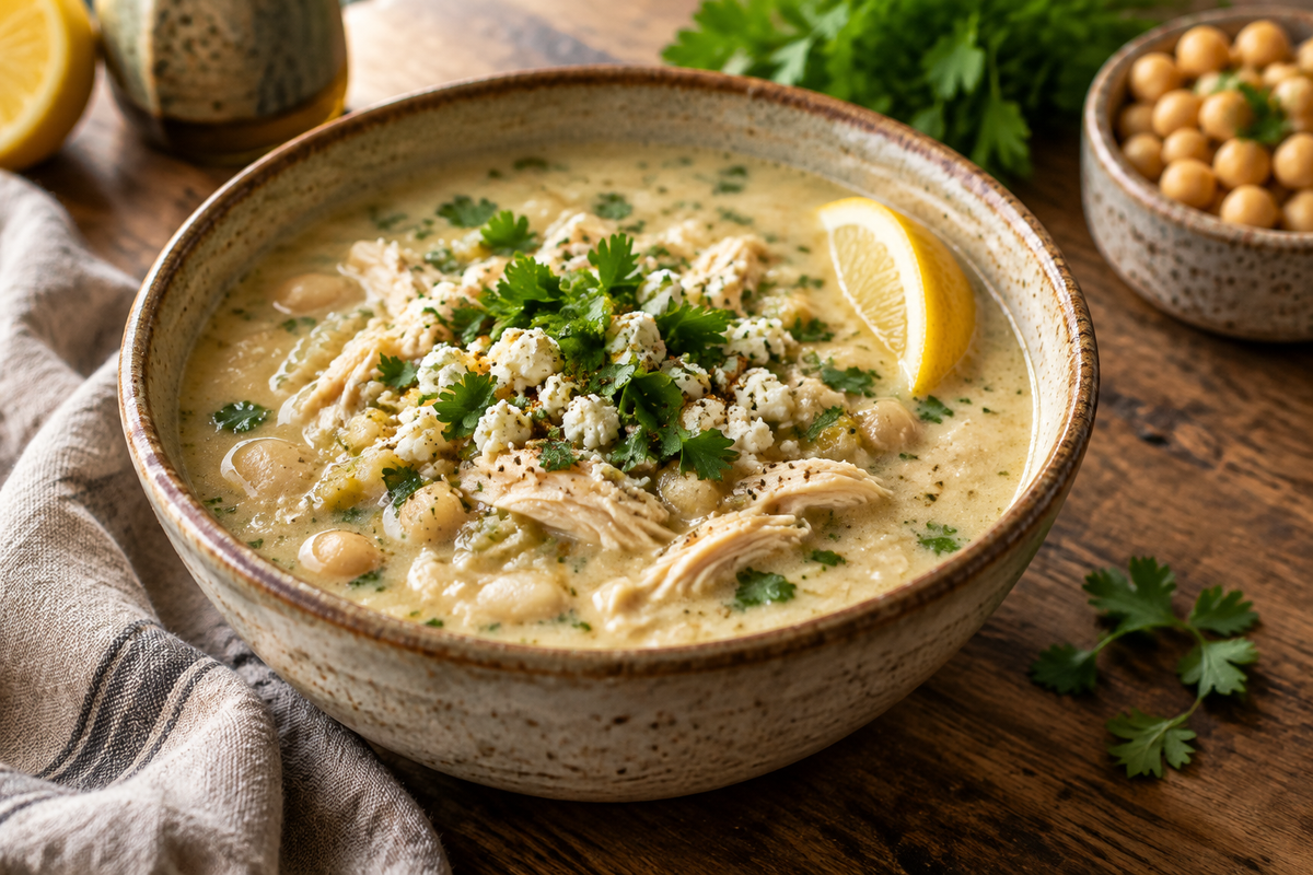 Bowl of Mediterranean white chicken chili garnished with parsley and lemon wedge, white chicken chili