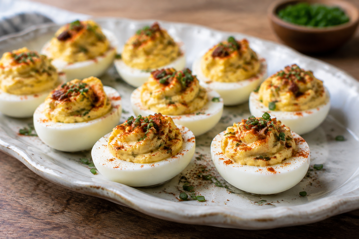 Mouthwatering million dollar deviled eggs garnished with chives and paprika