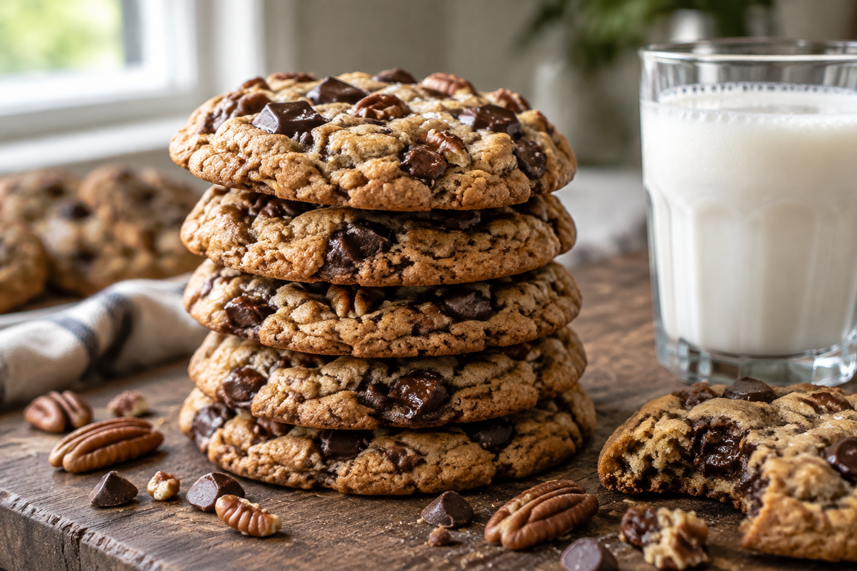 Close-up of Neiman Marcus cookie stacked with chocolate and pecans on rustic board